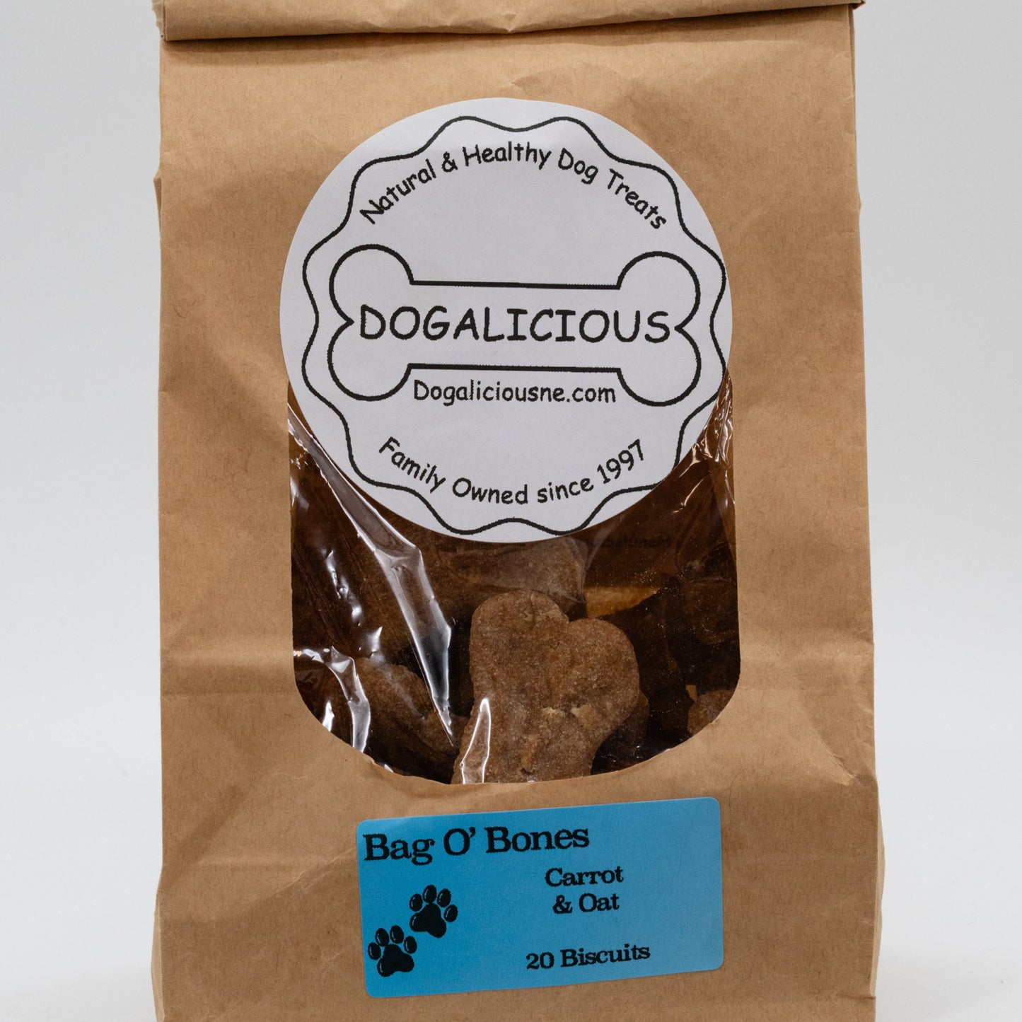 Carrot & Oats Dog Biscuits | Bag O' Bones | 20 Biscuits Per Bag | Natural Dog Treats | Made in Bellevue, NE | Dogalicious