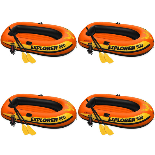 Intex Explorer 300 Compact Inflatable 3 Person Raft Boat w/ Pump & Oars (4 Pack)