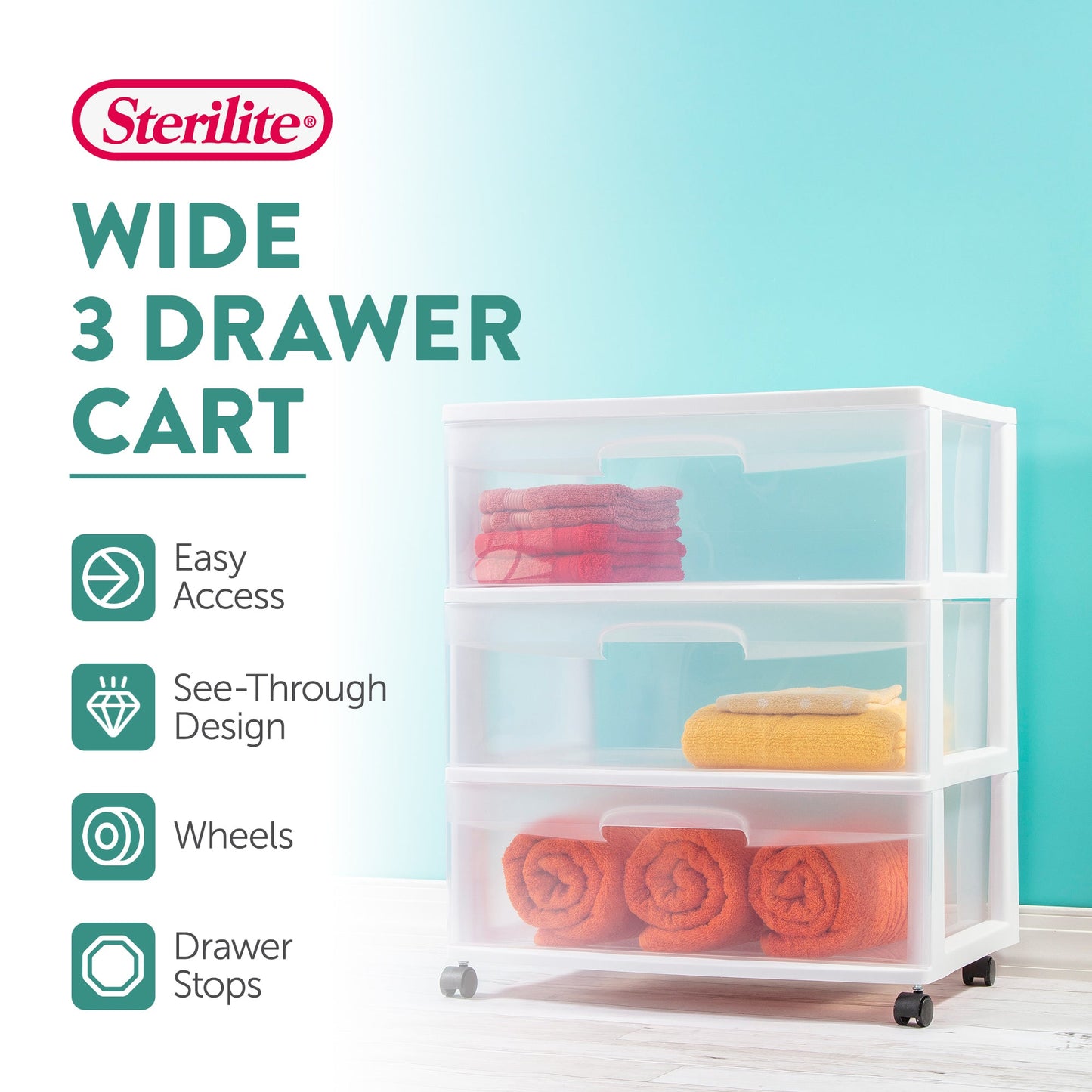 Sterilite Wide 3 Drawer Storage, Plastic Rolling Organization Cart, White Frame