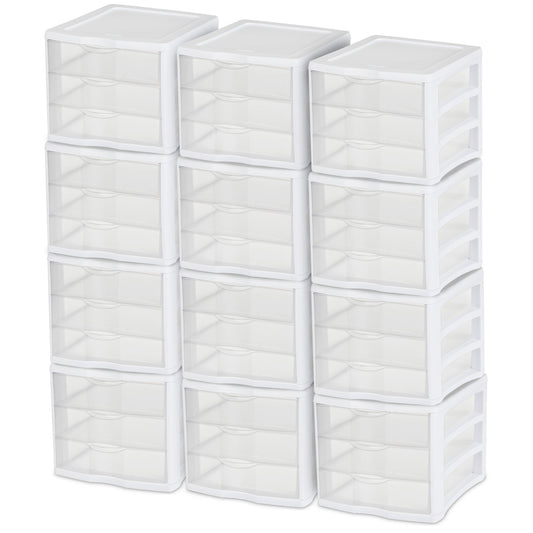 Sterilite ClearView Compact Stacking 3 Drawer Storage Organizer System, 12 Pack