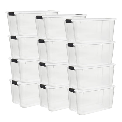 Sterilite 70 Qt Clear Plastic Stackable Storage Bin w/ White Latch Lid, 12 Pack