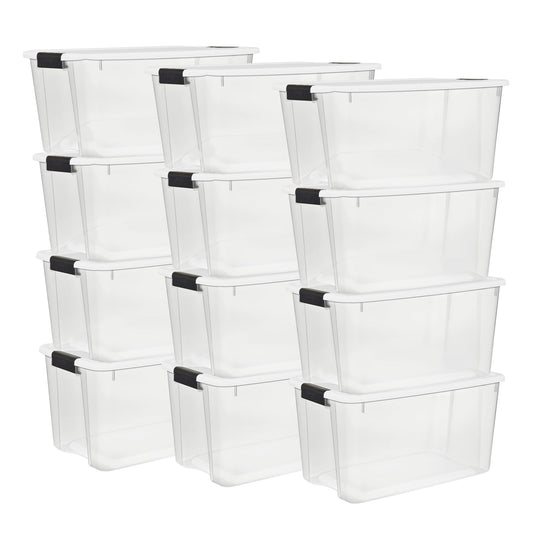 Sterilite 70 Qt Clear Plastic Stackable Storage Bin w/ White Latch Lid, 12 Pack