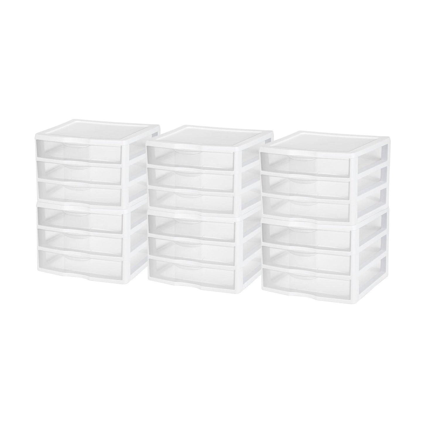 Sterilite Clear Plastic Stackable Small 3 Drawer Storage System, White, (6 Pack)