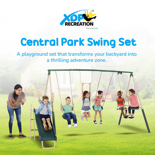 XDP Recreation Outdoor Central Park Swing Set w/ Slide, Glider, & Trapeze, Green