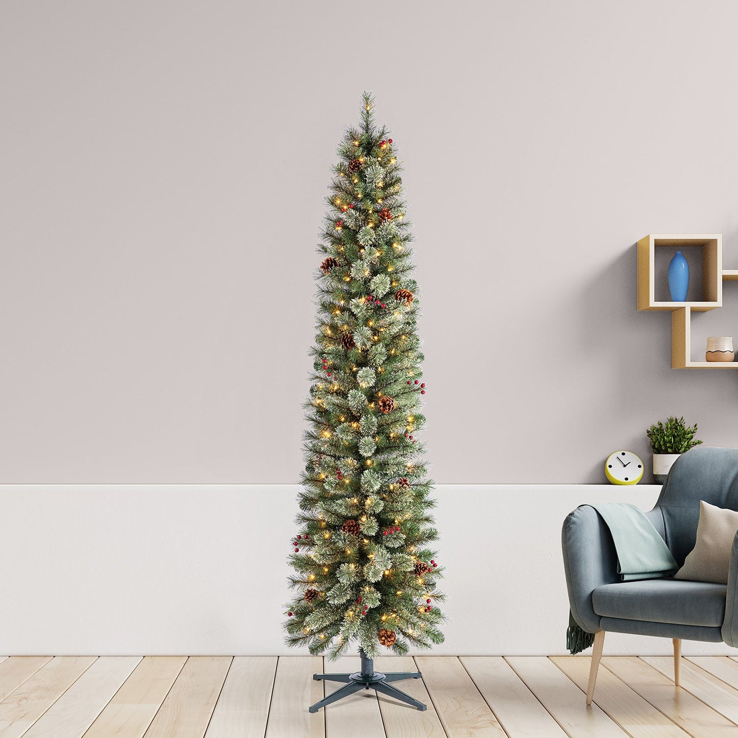 Home Heritage Stanley 7' Pre-Lit Artificial Christmas Tree, Pine Cones & Berries