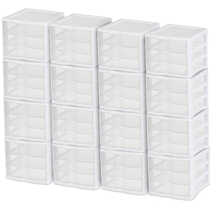 Sterilite ClearView Compact Stacking 3 Drawer Storage Organizer System, 16 Pack