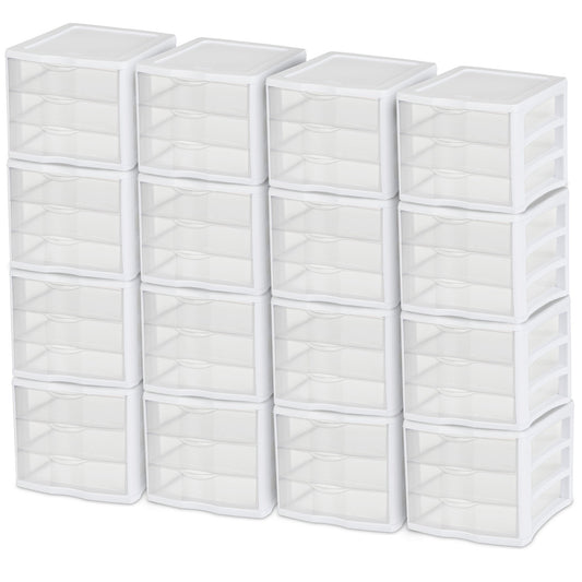 Sterilite ClearView Compact Stacking 3 Drawer Storage Organizer System, 16 Pack
