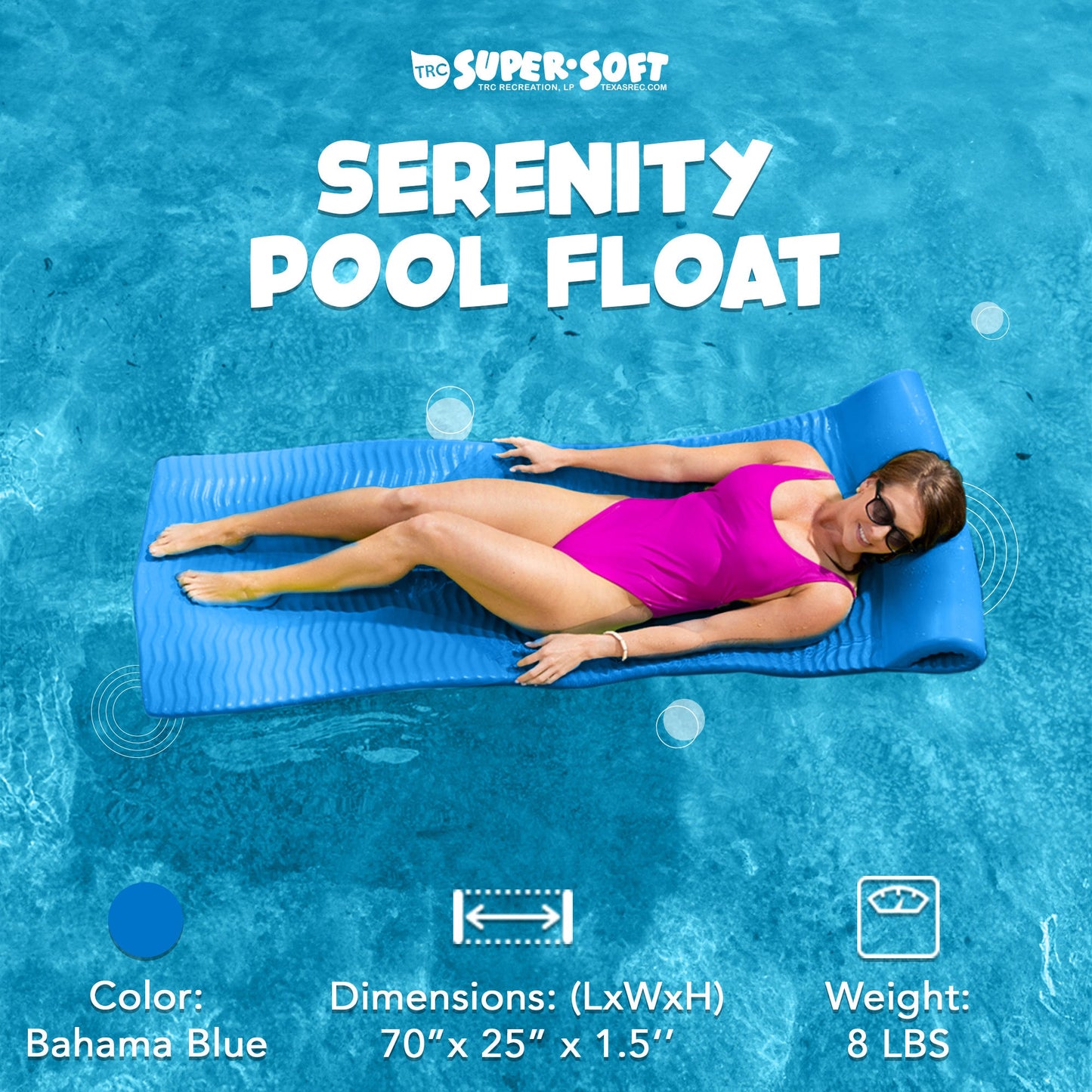 Texas Recreation Serenity 70' Foam Raft Lounger Pool Float, Bahama Blue (2 Pack)