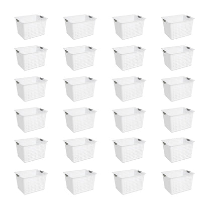 Sterilite Deep Ultra Plastic Storage Bin Baskets with Handles, White, 24 Pack