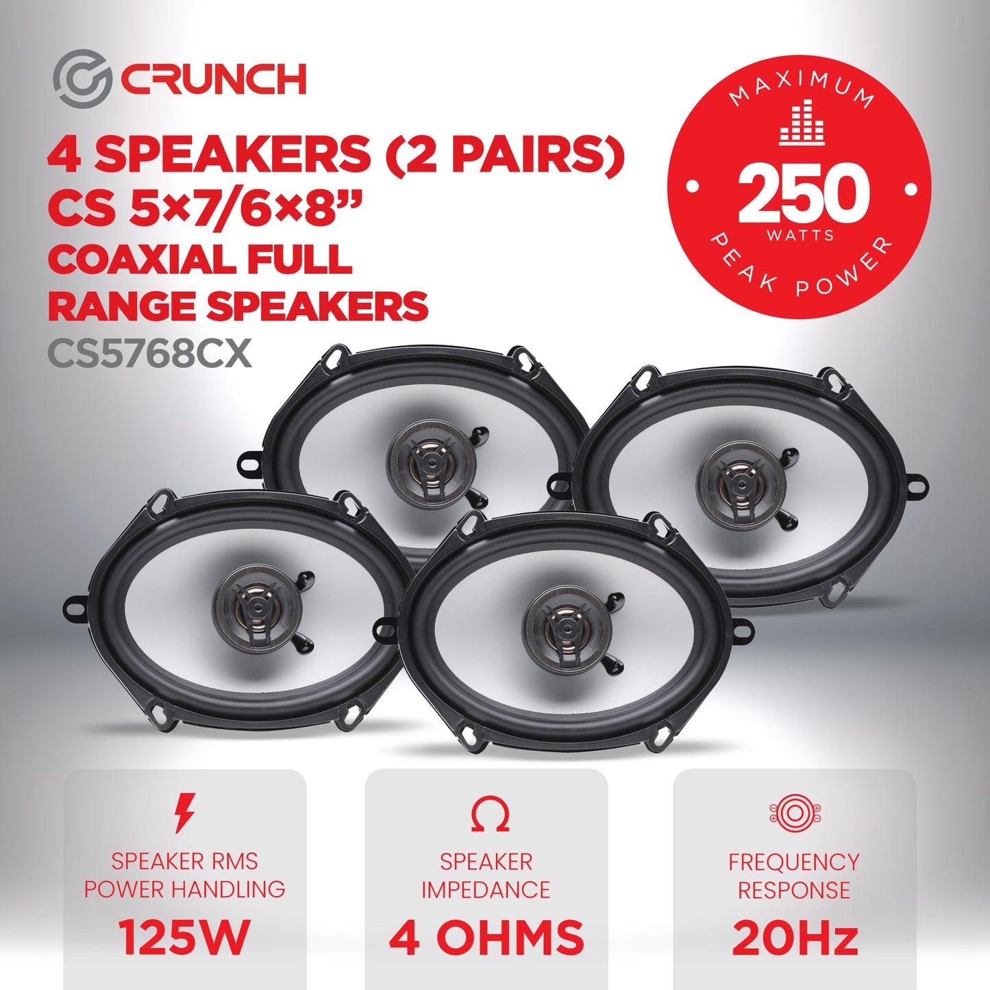 Crunch 250W Full Range 2 Way Coaxial Car Audio 5x7 by 6x8" Speaker Pair, 2 Pack