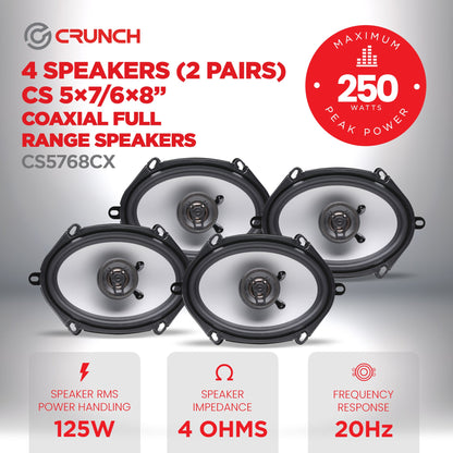 Crunch 250W Full Range 2 Way Coaxial Car Audio 5x7 by 6x8" Speaker Pair, 2 Pack