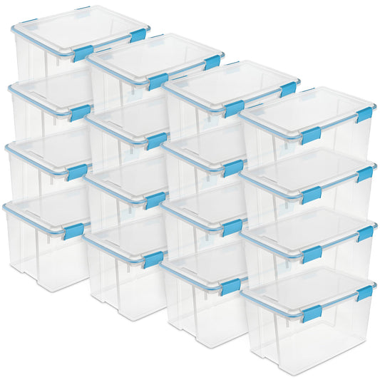 Sterilite 54-Qt Clear Plastic Stackable Storage Bin w/ Gasket Latch Lid, 16 Pack