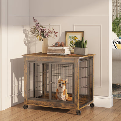 Furniture Style Dog Crate Side Table on Wheels with Double Doors and Lift Top. Grey, 31.50" W x 22.05" D x 25" H.