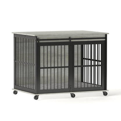 Furniture dog crate sliding iron door dog crate with mat. (Grey,43.7"W x 30"D x 33.7"H)