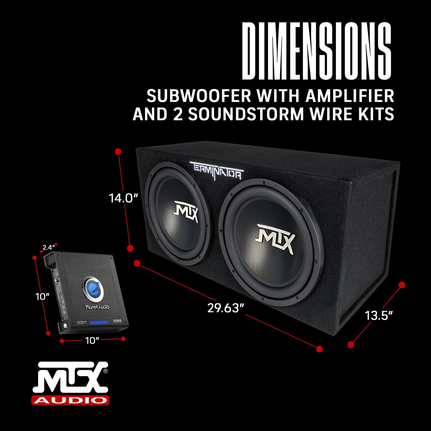 MTX 12" Dual Subwoofer Enclosure, Planet Audio Amplifier, 2 Soundstorm Wire Kits
