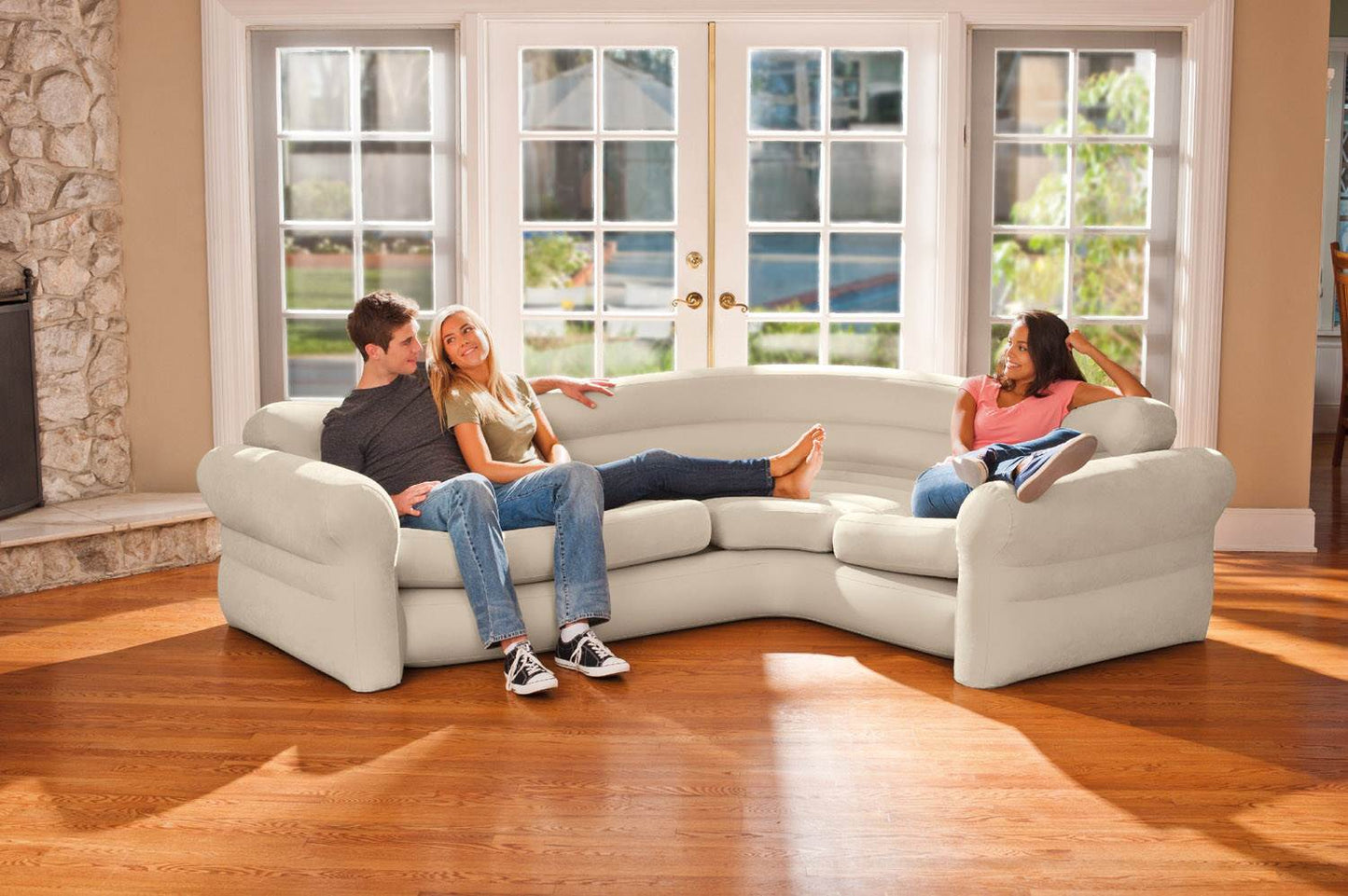 Intex Inflatable Corner Living Room Neutral Sectional Sofa & Lounge Chair Set