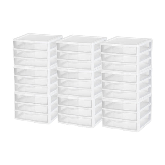Sterilite Clear Plastic Stackable Small 3 Drawer Storage System, White, (9 Pack)