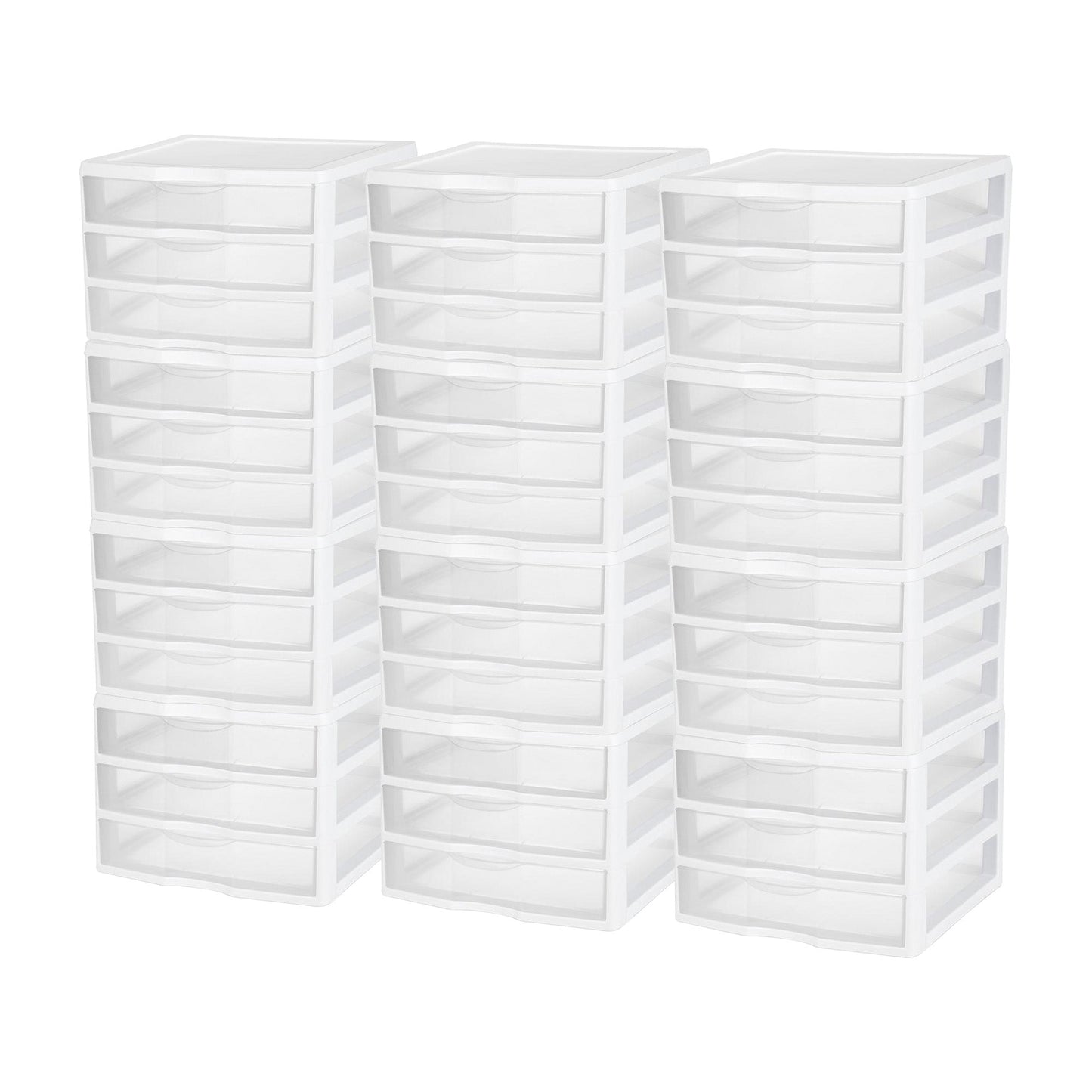 Sterilite Clear Plastic Stackable Small 3 Drawer Storage System, White, (12 Pack)