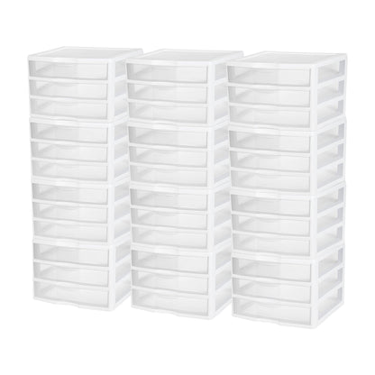 Sterilite Clear Plastic Stackable Small 3 Drawer Storage System, White, (12 Pack)