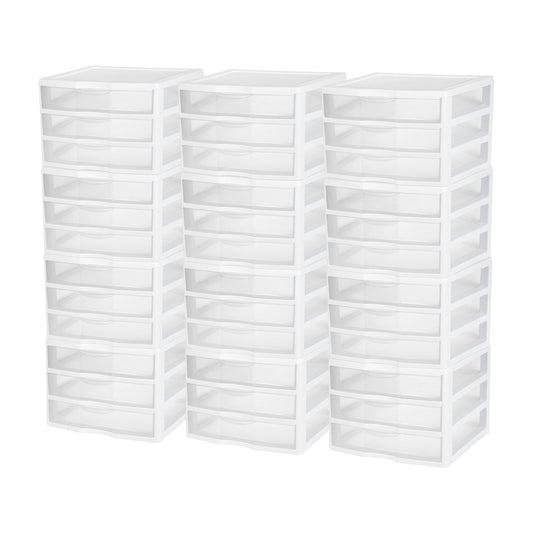 Sterilite Clear Plastic Stackable Small 3 Drawer Storage System, White, (12 Pack)