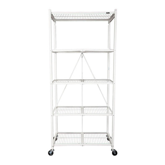 Origami Large Wheeled 5-Shelf Folding Steel Wire Shelving, White (21"x36"x78")