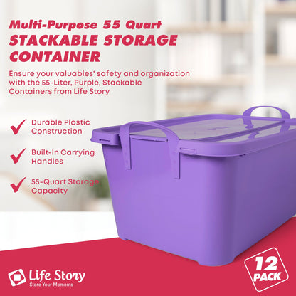 Life Story 55 Quart Stackable Storage Bin, Light Duty Container, Purple, 12 Pack