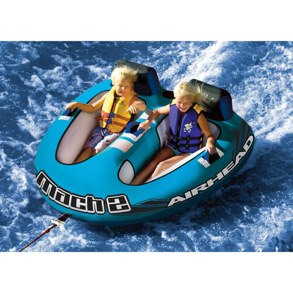 Airhead Mach 2 Inflatable 2 Rider Cockpit Lake Water Towable Tube, Blue (2 Pack)