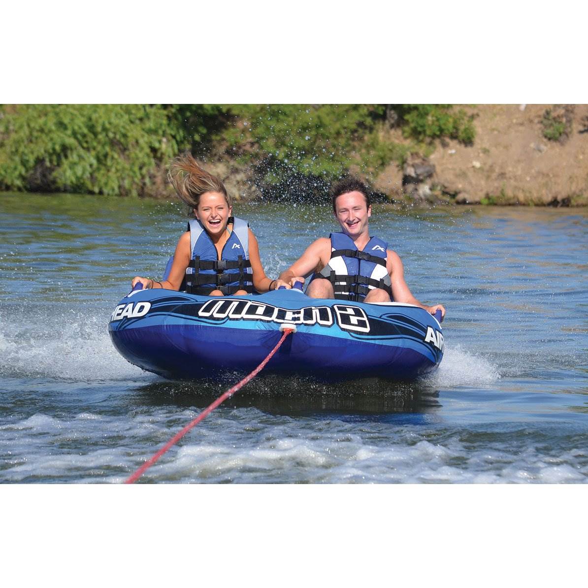 Airhead Mach 2 Inflatable 2 Rider Cockpit Lake Water Towable Tube, Blue (2 Pack)