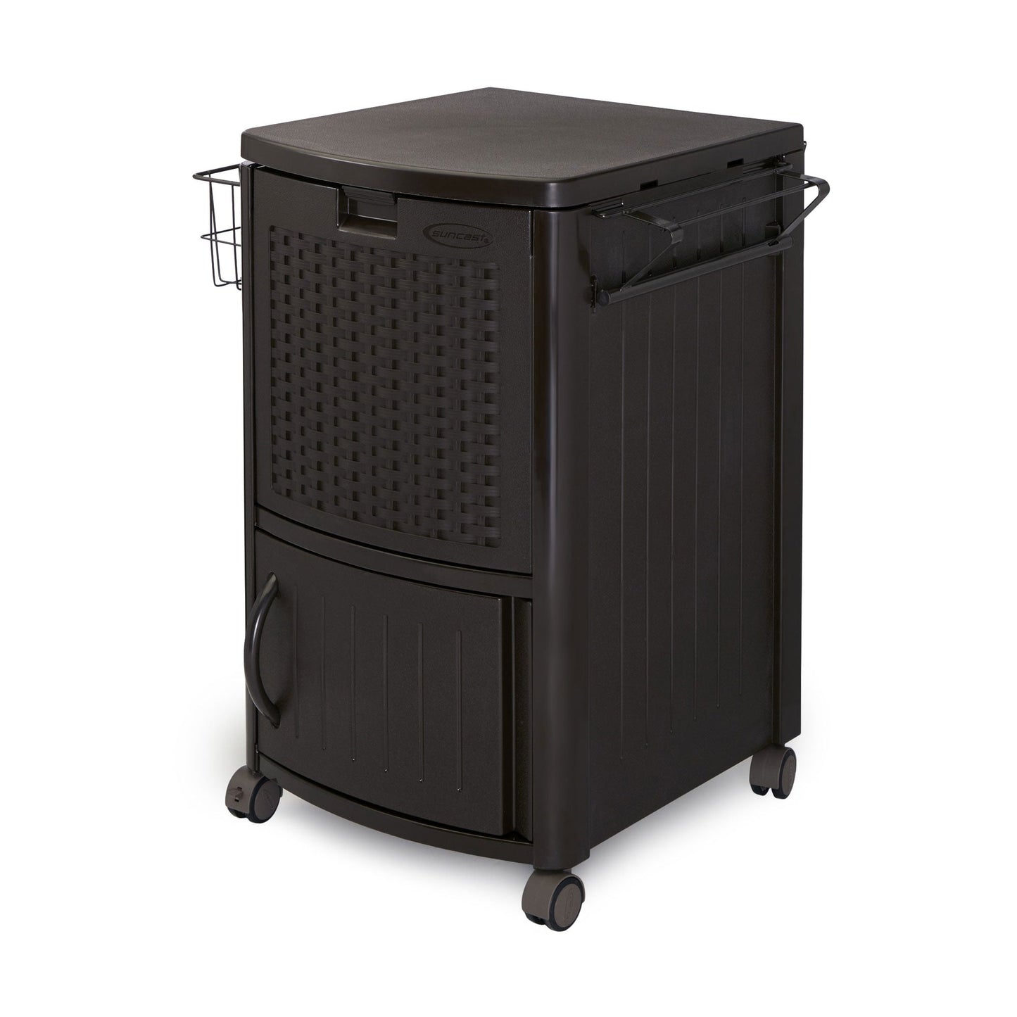 Suncast 77 Quart Patio Cooler w/ Cabinet and Basket w/ Wicker Trash Hideaway