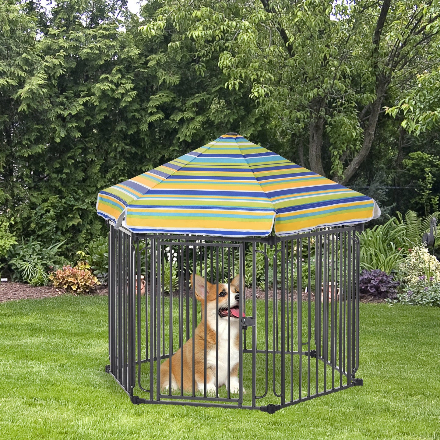 48" x 41" Heavy-Duty Metal Dog Playpen, Outdoor Pet Cage Kennel, Puppy Exercise Fence Barrier with Weather-Resistant Polyester Roof, Locking Door, & Metal Frame