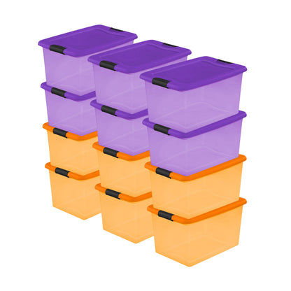 Sterilite 64 Quart Latching Plastic Storage Container, Purple & Orange (12 Pack)