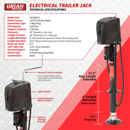 Uriah Products Electric 12V 7 Way Connector 5000 Lb Lift Capacity Trailer Jack