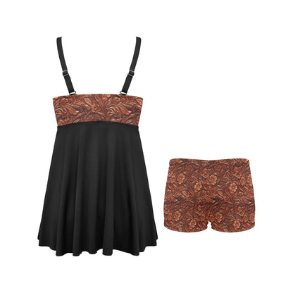 Tooled Leather Print Swim Dress & Shorts Set