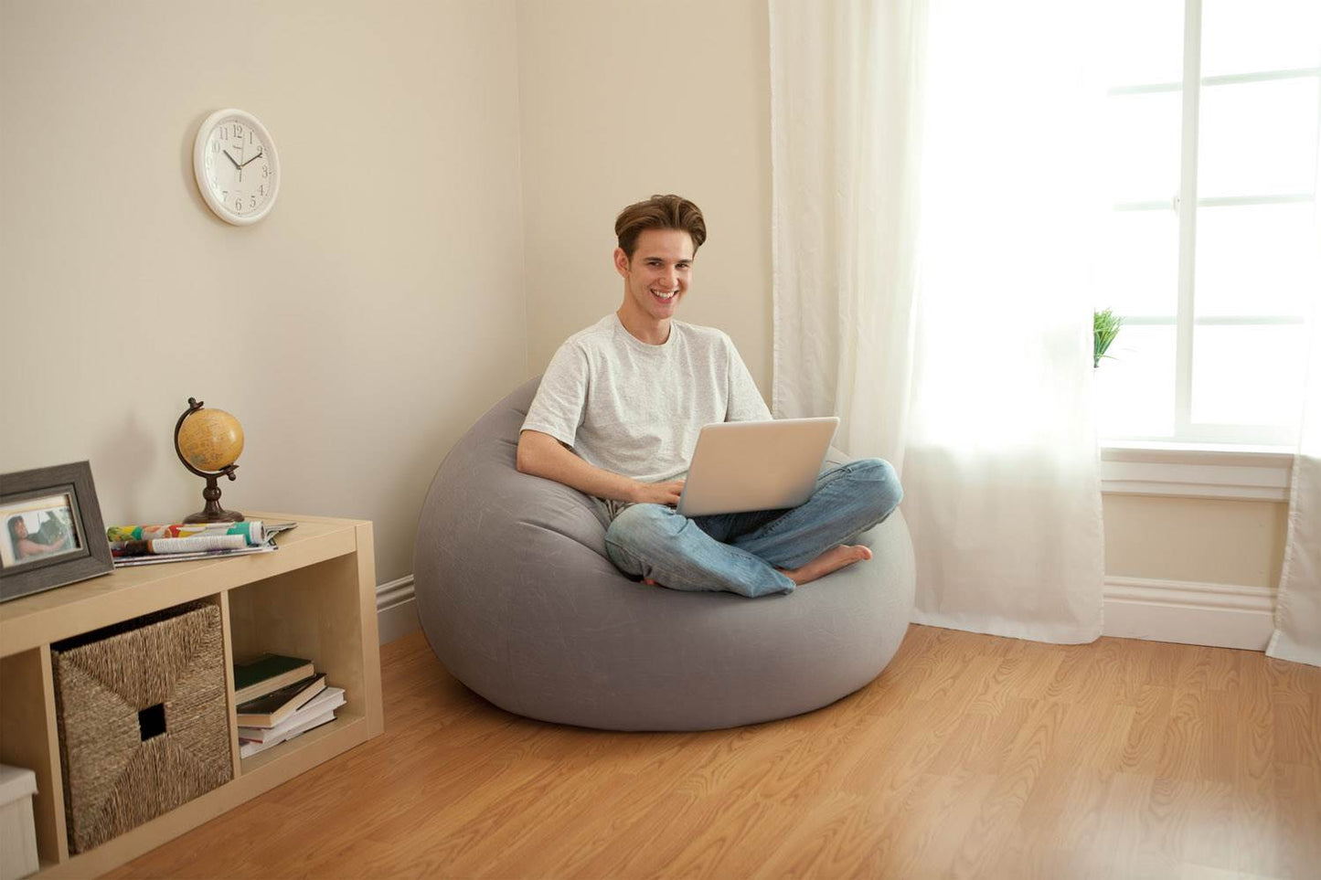 Intex 120V AC Electric Air Pump & Inflatable Corduroy Beanless Bag Lounge Chair