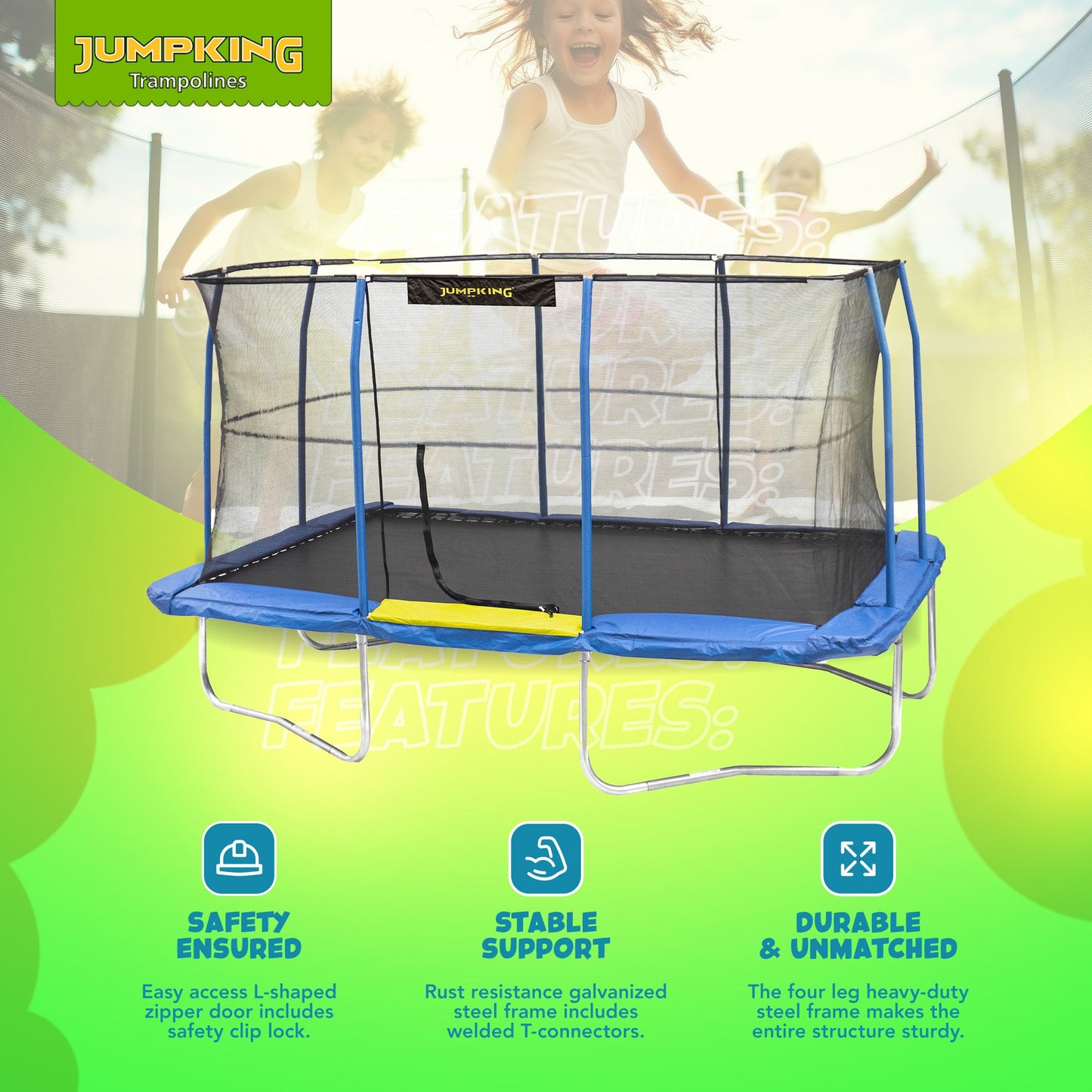 JumpKing JKRC1014C319 10 x 14 Foot Enclosed Rectangular Trampoline with G3 Pole