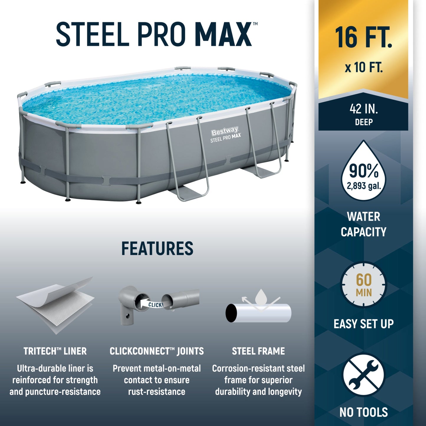Bestway Steel Pro MAX 16' x 10' x 42" Oval Above Ground Swimming Pool Set