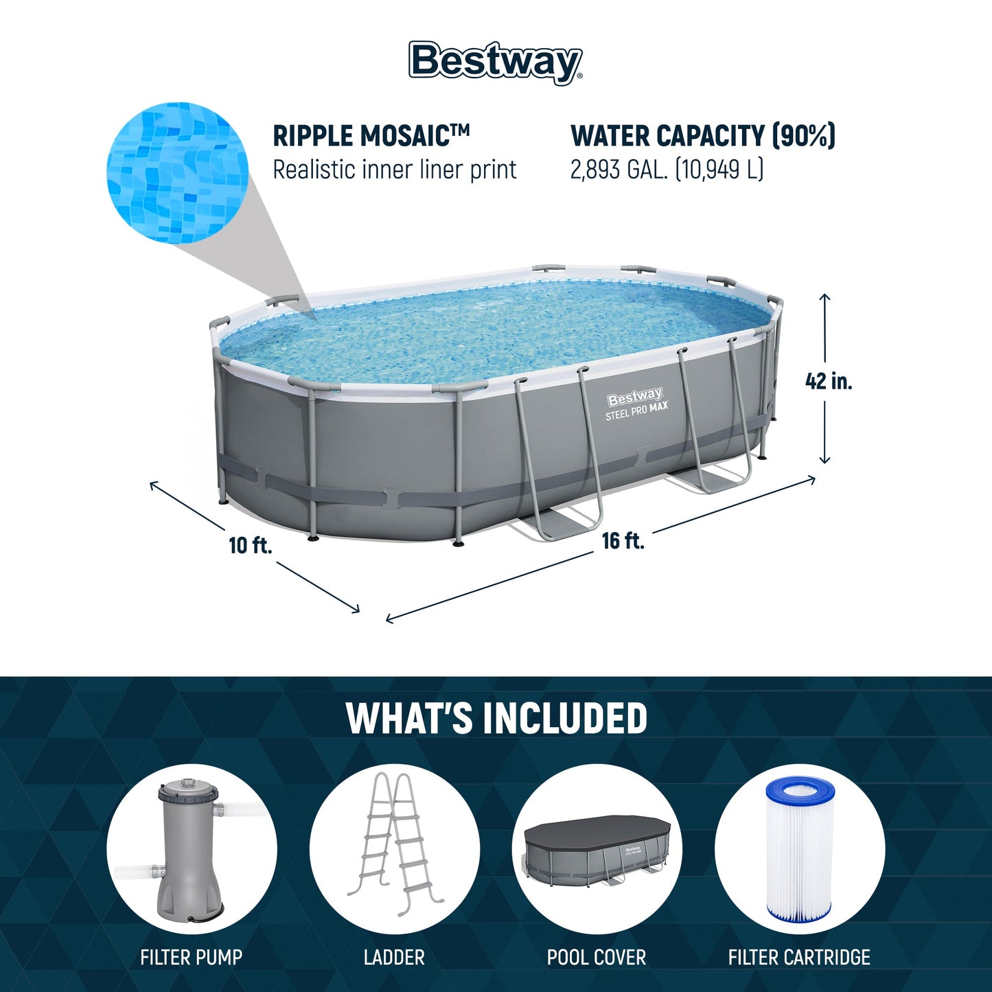 Bestway Steel Pro MAX 16' x 10' x 42" Oval Above Ground Swimming Pool Set