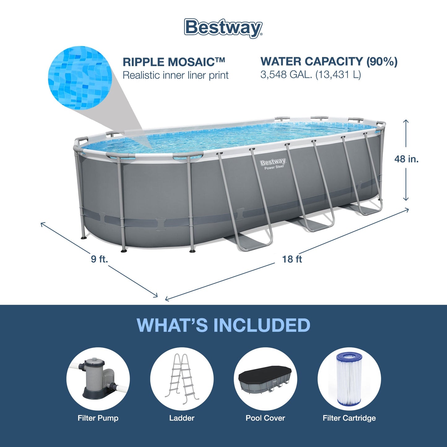 Bestway Steel Pro MAX 18' x 9' x 48" Oval Above Ground Outdoor Swimming Pool Set