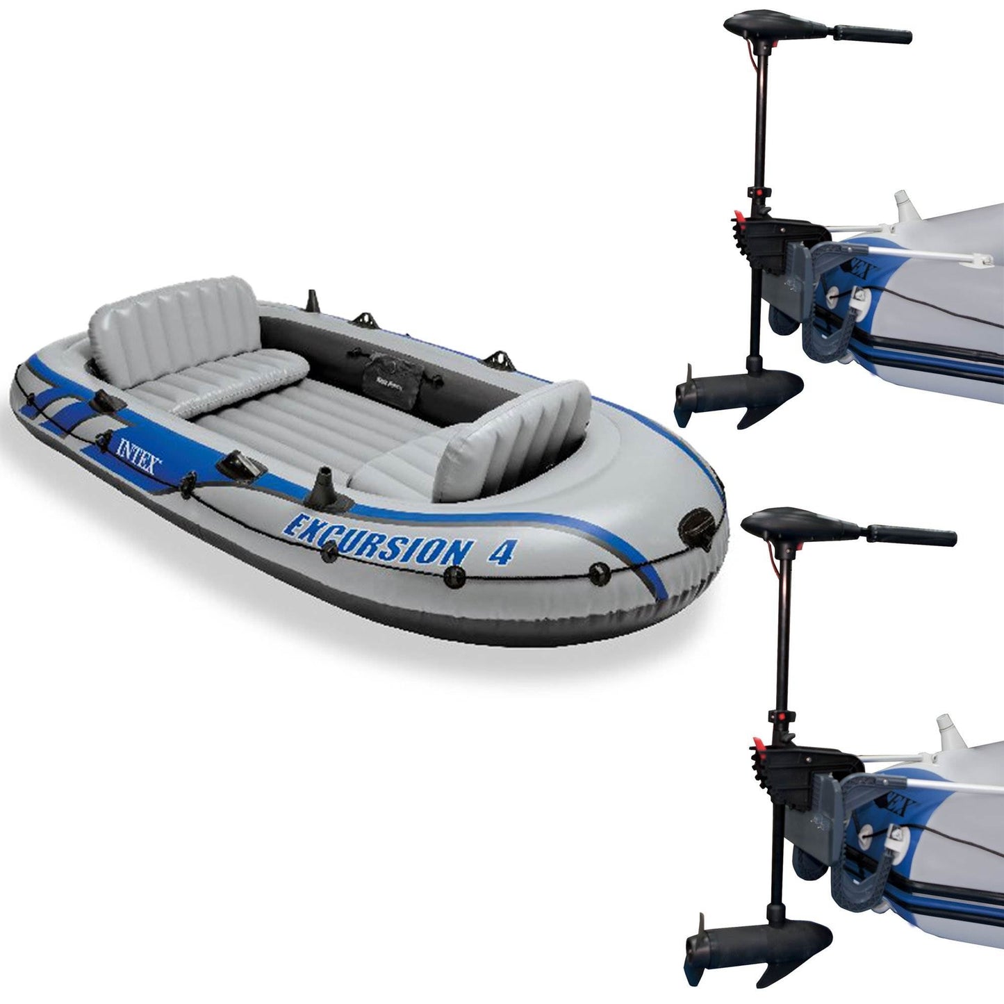 Intex Excursion 4 Inflatable Raft Set w/ 2 Transom Mount 8 Speed Trolling Motors