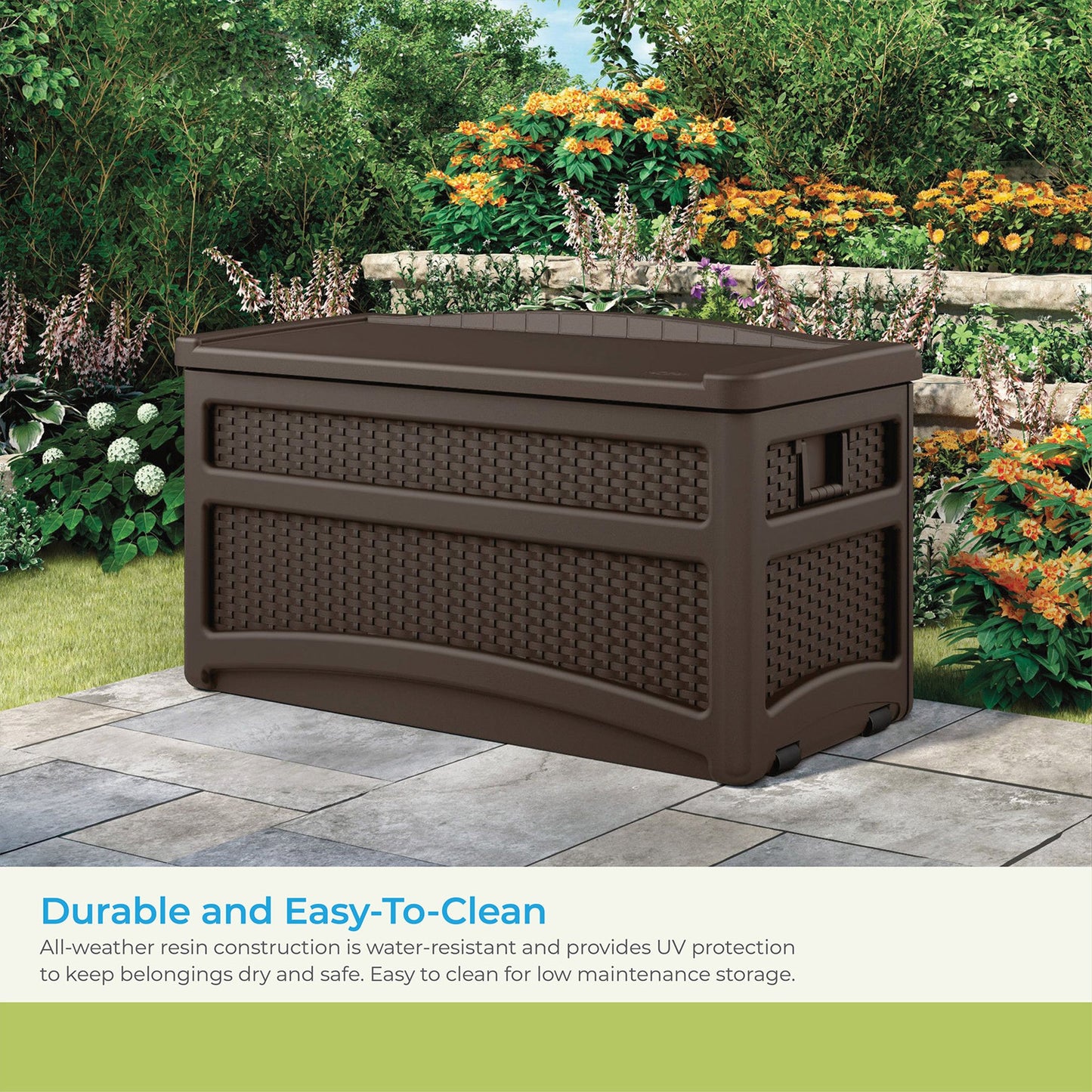 Suncast DBW7500 73 Gallon Outdoor Patio Storage Chest with Handles & Seat, Java