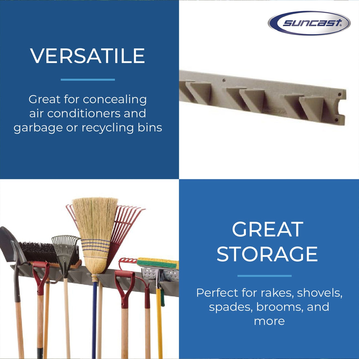 Suncast 4 Foot Wall Mount Garden Long Handled Tool Hanger Organizer, Platinum