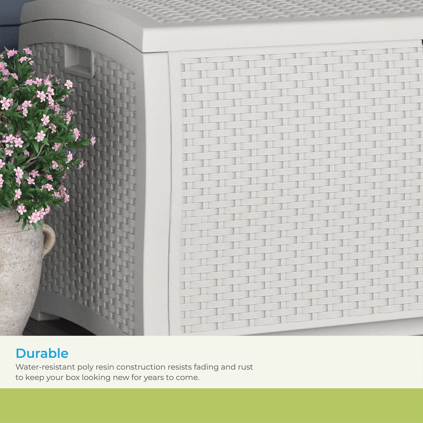 Suncast 99 Gallon Heavy Duty Resin Wicker Horizontal Outdoor Deck Box, White