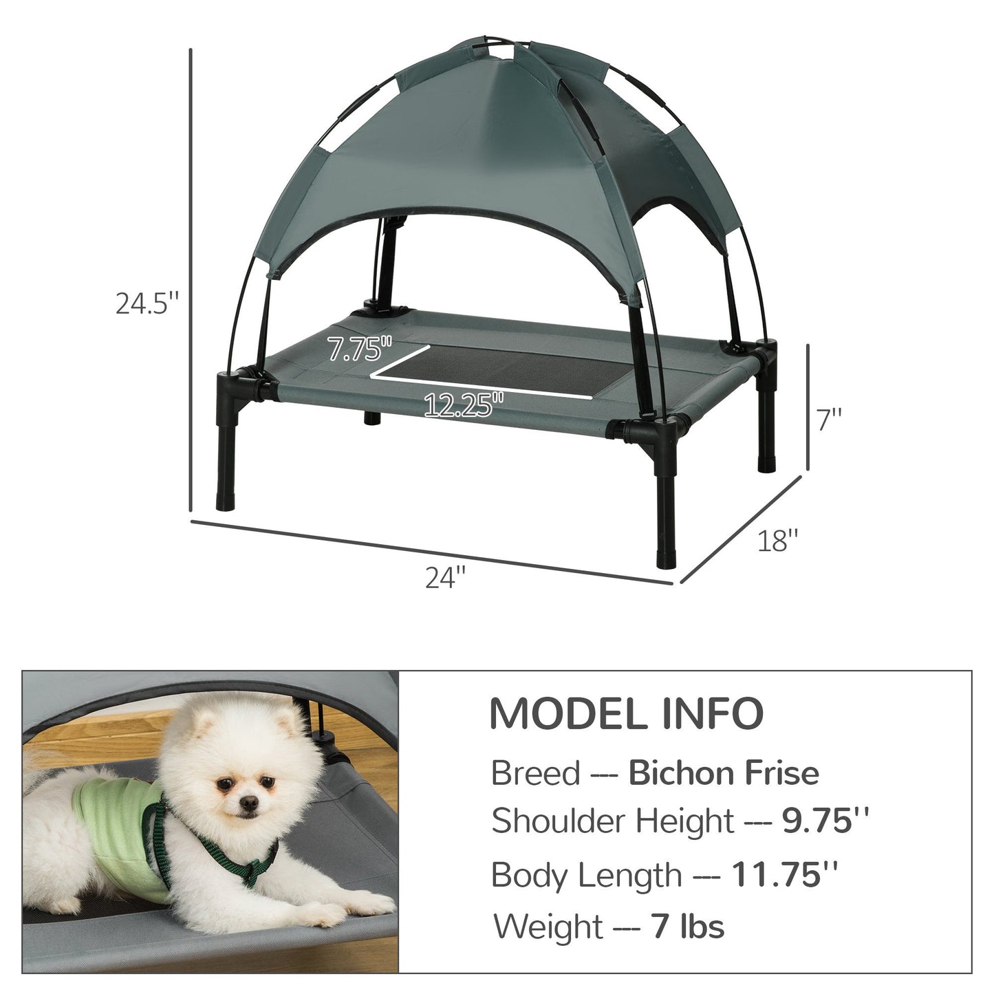 Elevated Portable Dog Cot Pet Bed with UV Protection Canopy Shade, 24 inch, Gray