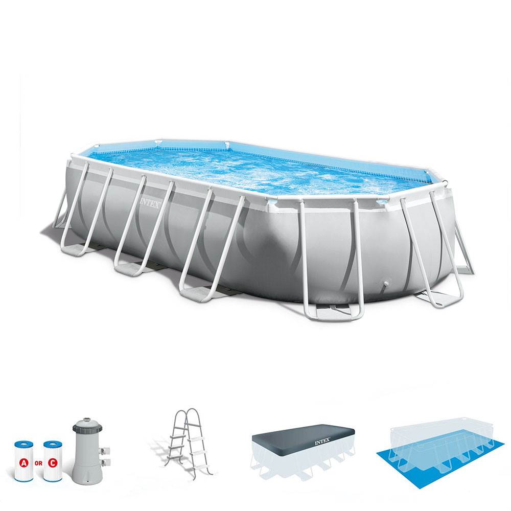 Intex 16.5ft x 9ft x 48in Oval Prism Pool and Cleaning Kit with Skimmer
