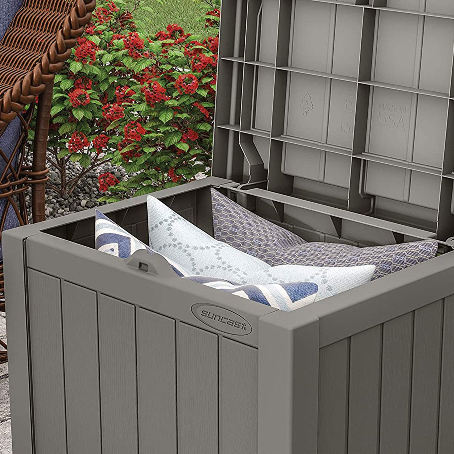 Suncast 22 Gallon Outdoor Patio Small Deck Box with Storage Seat, Stone (2 Pack)