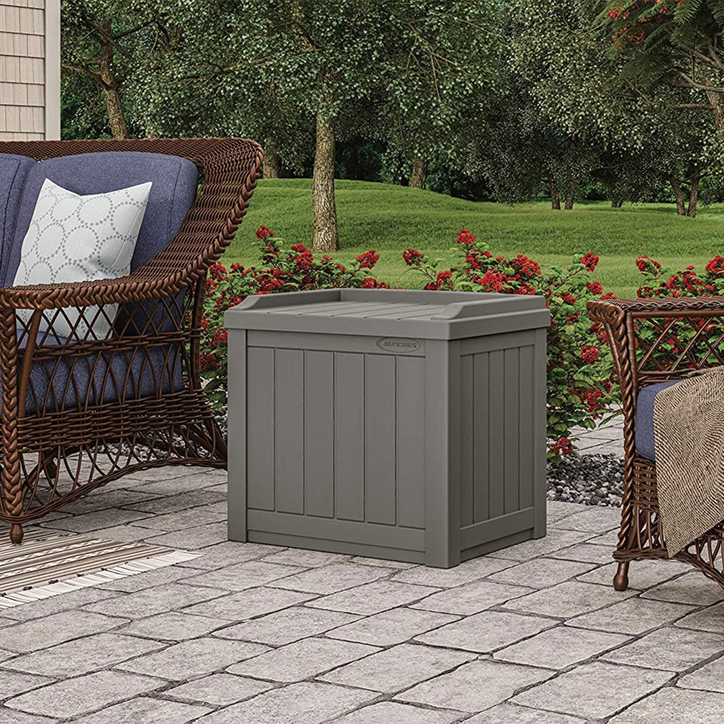 Suncast 22 Gallon Outdoor Patio Small Deck Box with Storage Seat, Stone (4 Pack)