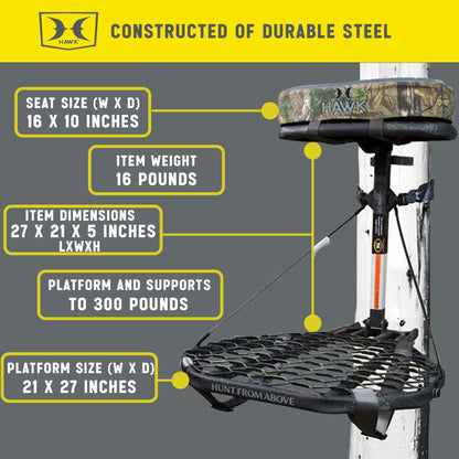 Hawk COMBAT Hang On Tree Stand, Deer Stand with 21 x 27" Saddle Hunting Platform