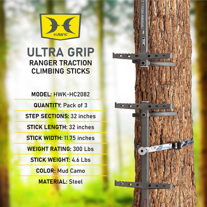 Hawk Ranger Traction 32" Climbing Sticks, Angled Step Tree Climbing Gear, 3-Pack