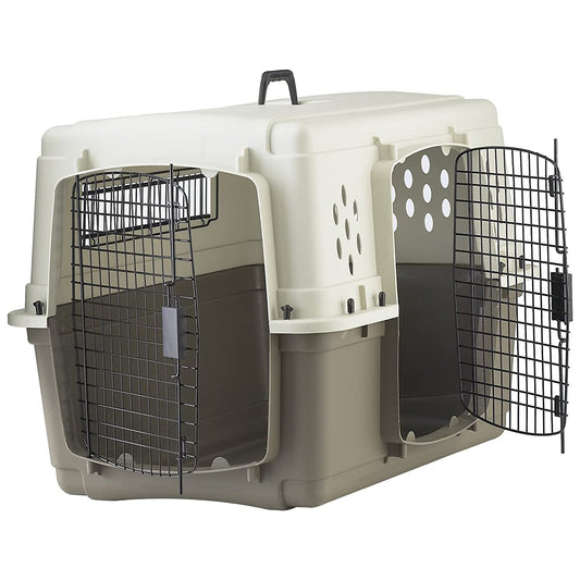 Miller Manufacturing Hard Sided Double Door Dog & Pet Travel Kennel Crate, Brown