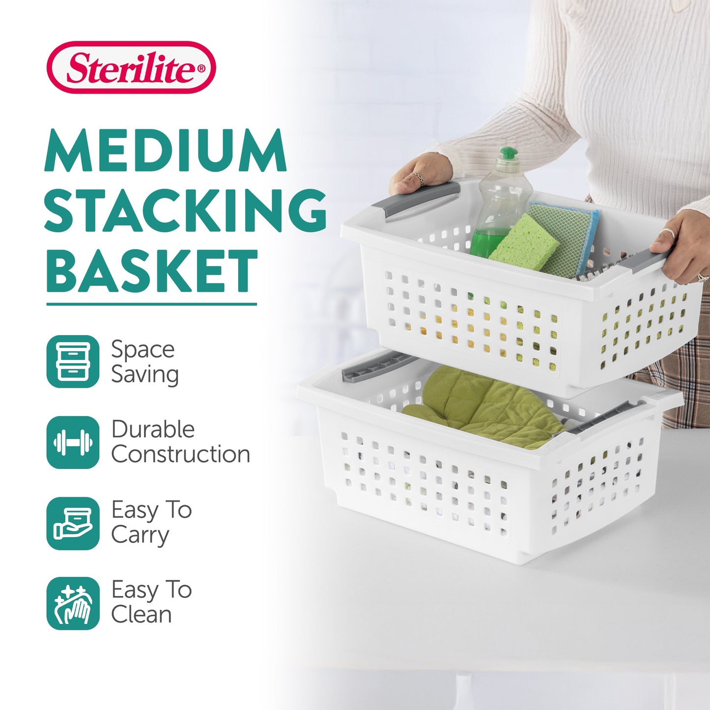 Sterilite Medium Sized Stackable Storage & Organization Basket, White (30 Pack)